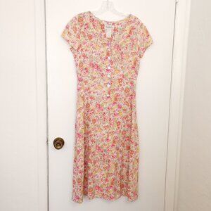 Chadwick's Pink Floral Linen-Blend Button Front Vintage Spring Dress
